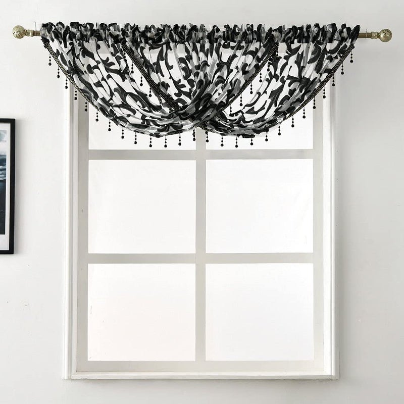NAPEARL Black Waterfall Window Curtain Valance Jacquard Organza Sheer Bathroom Curtain, Beaded Swag for Small Windows, Kitchen (1 Valance, 40 x 17 Inch) - Image 1