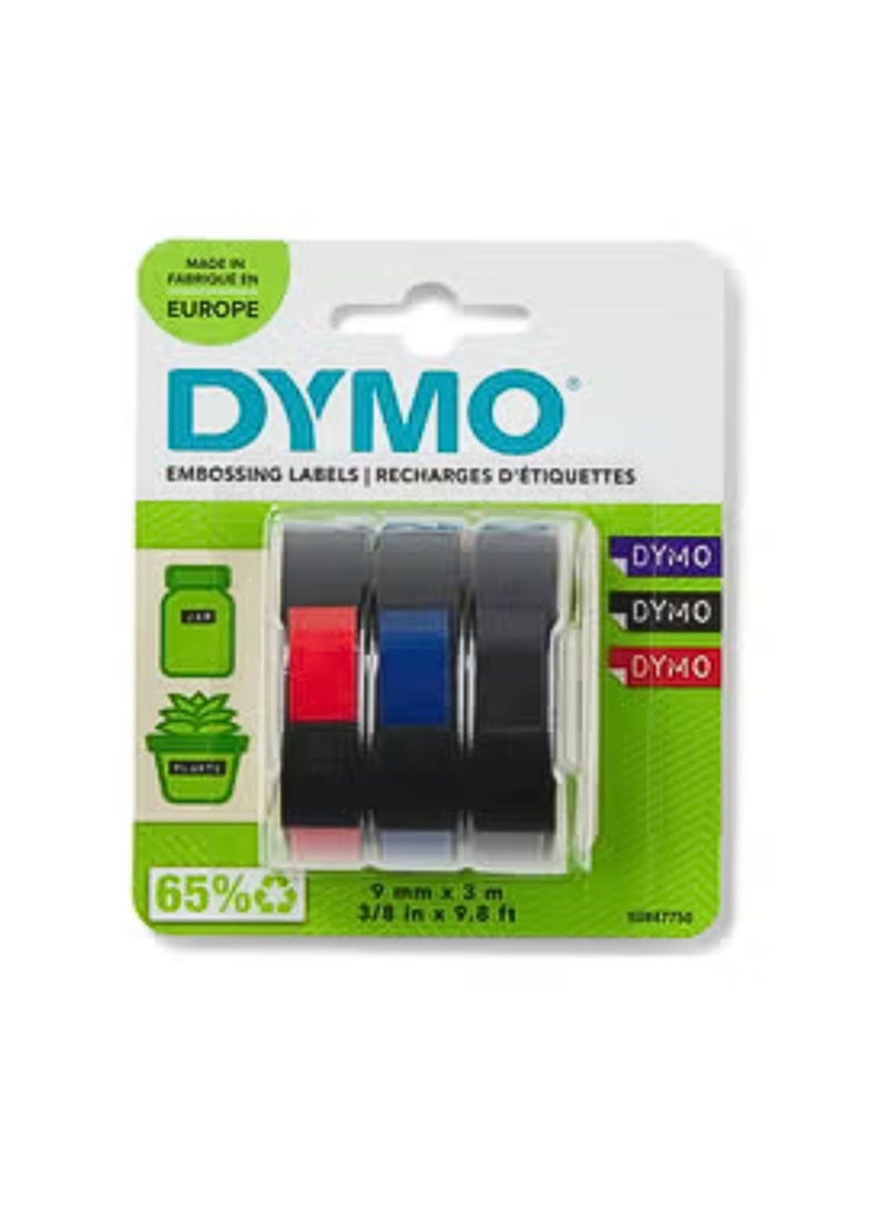 DYMO Embossing Variety Blue, Red & Black Tape 3m X 9mm -Pack Of 3, Blue/Black/Red - Image 1