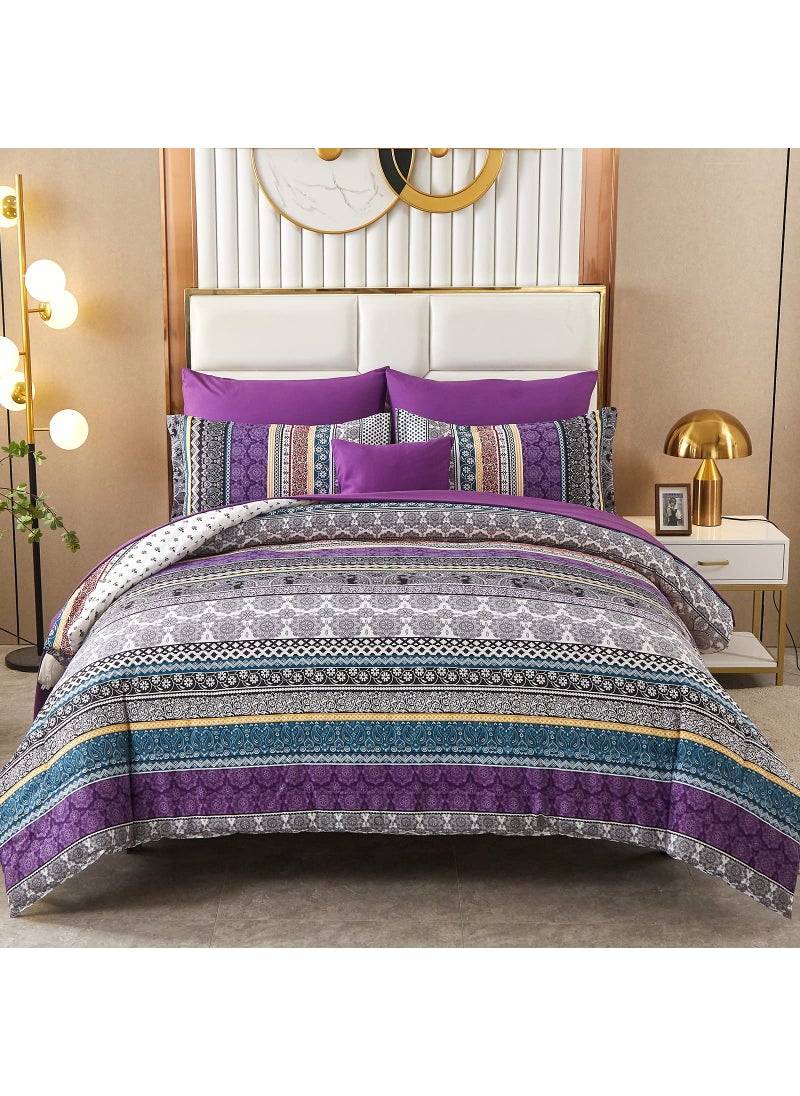 Cottolester Boho Comforter Set King Size 8 Piece Bed in a Bag Bohemian Striped Bedding Quilt Set Purple Paisley Floral Comforter and Sheet Set Soft Microfiber Complete Bedding Sets for All Season 