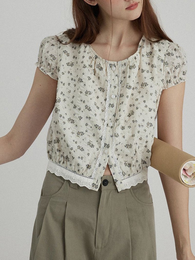French Style Lace Ear Edge Striped Shirt 2024 Commuter Style Floral Slim T-Shirt - Image 3