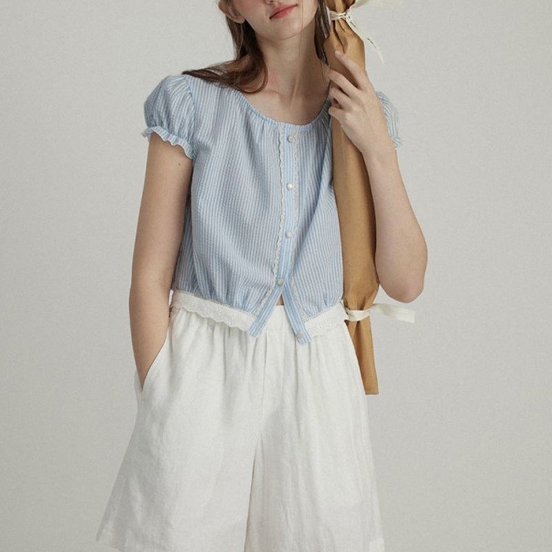 French Style Lace Ear Edge Striped Shirt 2024 Commuter Style Floral Slim T-Shirt - Image 1