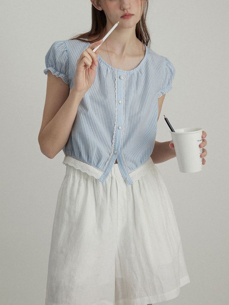 French Style Lace Ear Edge Striped Shirt 2024 Commuter Style Floral Slim T-Shirt - Image 4