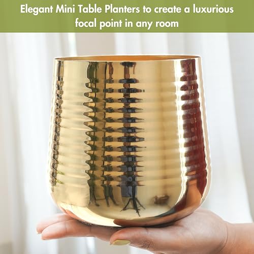 BEHOMA Metal Ribbed Design Planter for Home Decor | Decoratives for Indoor Outdoor Balcony Living Room | Table Decorative Plant Pot | Size Height- 5.5" x Dia. 5" inch | Golden (Plant not Included) - Image 3