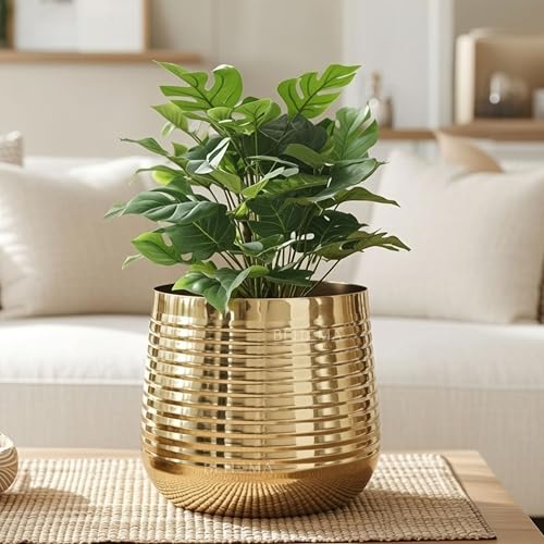 BEHOMA Metal Ribbed Design Planter for Home Decor | Decoratives for Indoor Outdoor Balcony Living Room | Table Decorative Plant Pot | Size Height- 5.5" x Dia. 5" inch | Golden (Plant not Included) - Image 1