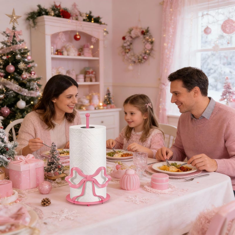 Hebaogugu Pink Bow Paper Towel Holder, Cute Paper Towel Roll Holder, 3D Printed Standing Paper Towel Holder for Kitchen Countertops Bathroom with Weighted Base, Kitchen Decor Accessories Gift (Round/Pink Bow) - Image 2