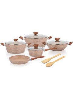 DELCASA Essential 11 Piece Non Stick Cookware Set DC2878 Forged Aluminum Body with Durable Granite Coating 5 Layer Durable Construction, Induction base Casserole, Wok pan, Saucepan, Fry pan and Turner & spoon  - Image 4