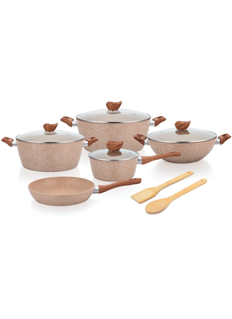 DELCASA Essential 11 Piece Non Stick Cookware Set DC2878 Forged Aluminum Body with Durable Granite Coating 5 Layer Durable Construction, Induction base Casserole, Wok pan, Saucepan, Fry pan and Turner & spoon  - Image 4