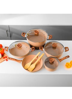 DELCASA Essential 11 Piece Non Stick Cookware Set DC2878 Forged Aluminum Body with Durable Granite Coating 5 Layer Durable Construction, Induction base Casserole, Wok pan, Saucepan, Fry pan and Turner & spoon  - Image 2