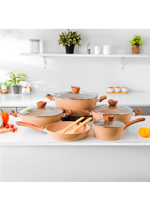 Essential 11 Piece Non Stick Cookware Set DC2878 Forged Aluminum Body with Durable Granite Coating 5 Layer Durable Construction, Induction base Casserole, Wok pan, Saucepan, Fry pan and Turner & spoon