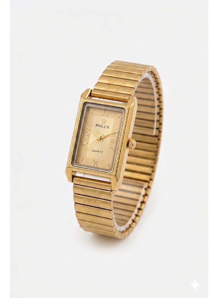 ROLUX  Vintage Style Rectangular Women's Watch - Gold Tone with Champagne Sunray Dial - Image 1
