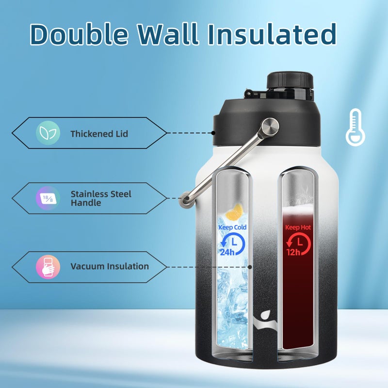 Konokyo Half Gallon Jug with Handle,64 oz Insulated Water Bottle with Carrying Pouch,Double Wall Vacuum Stainless Steel Metal Bottle,Day Night - Image 3