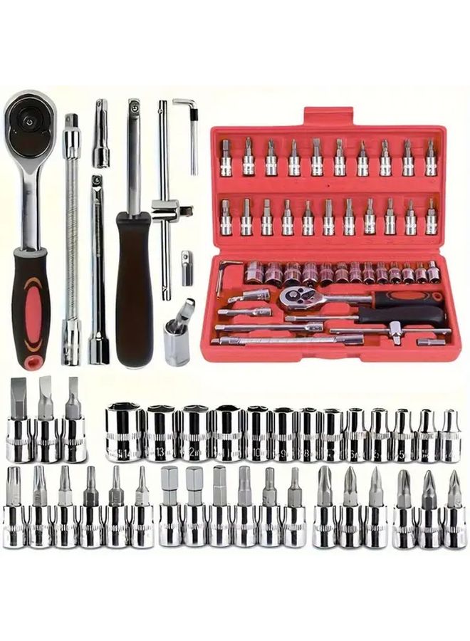 Red 46pcs Car Repair Tool Set Dual Use Home Travel Portable Hex Key Ratchet Socket - Image 2