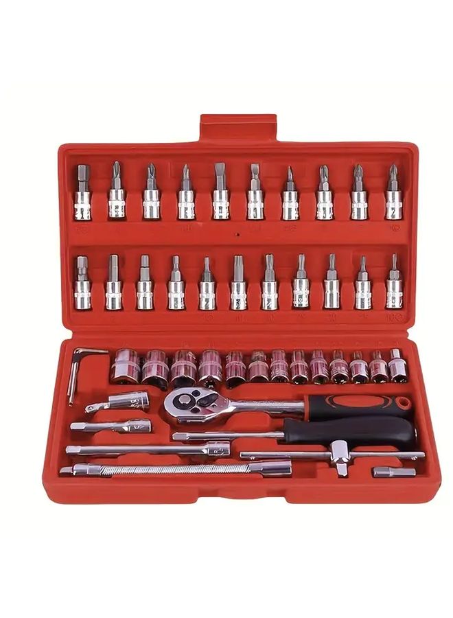 Red 46pcs Car Repair Tool Set Dual Use Home Travel Portable Hex Key Ratchet Socket - Image 3