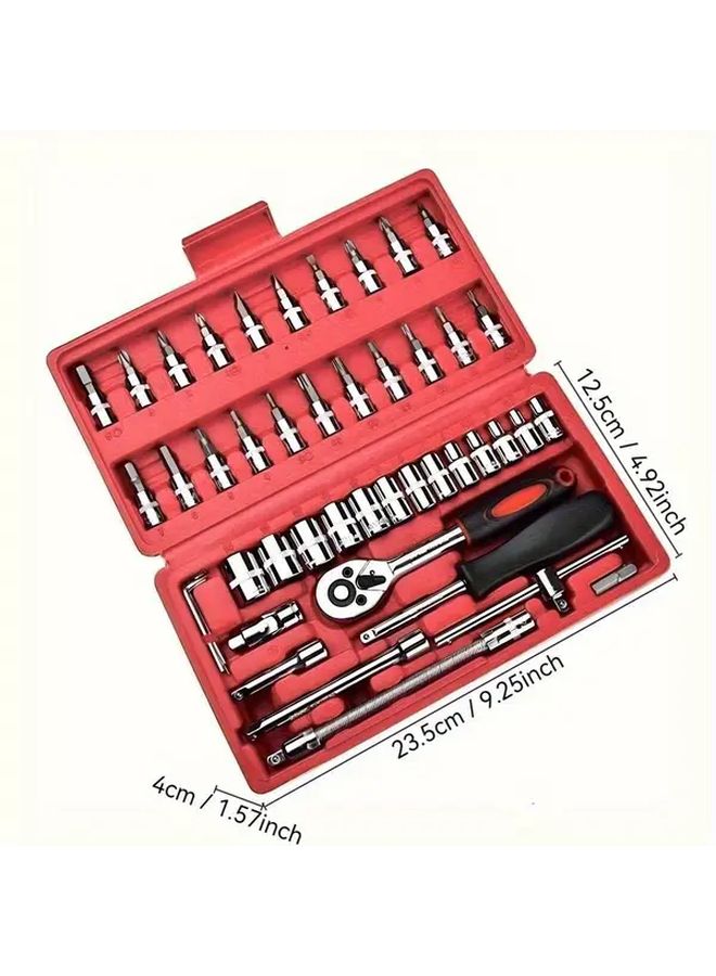 Red 46pcs Car Repair Tool Set Dual Use Home Travel Portable Hex Key Ratchet Socket - Image 5
