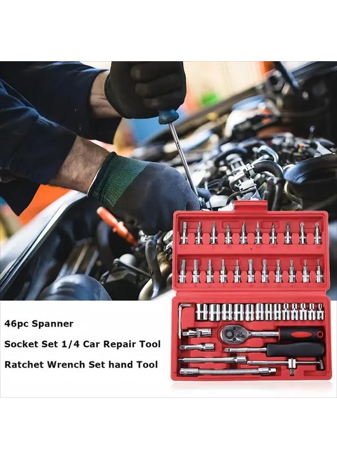 Red 46pcs Car Repair Tool Set Dual Use Home Travel Portable Hex Key Ratchet Socket - Image 1