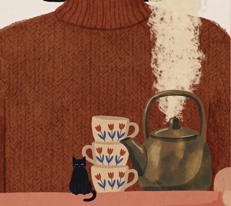 TNESSENTIAL Cozy Cat and Tea Print – Hygge Wall Art, Mid Century Woman Poster, Fall Aesthetic Decor, Black Cat Kitchen Art, Warm Autumn Print - Image 2