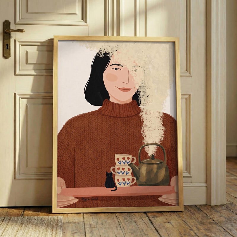 TNESSENTIAL Cozy Cat and Tea Print – Hygge Wall Art, Mid Century Woman Poster, Fall Aesthetic Decor, Black Cat Kitchen Art, Warm Autumn Print - Image 5