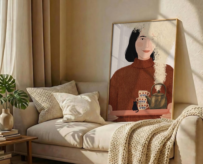 TNESSENTIAL Cozy Cat and Tea Print – Hygge Wall Art, Mid Century Woman Poster, Fall Aesthetic Decor, Black Cat Kitchen Art, Warm Autumn Print - Image 3