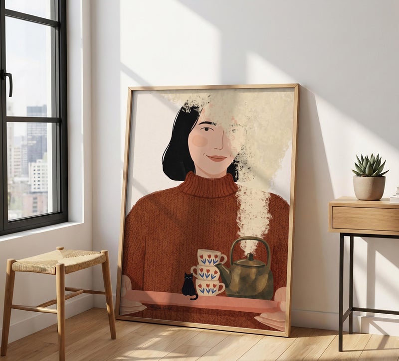 TNESSENTIAL Cozy Cat and Tea Print – Hygge Wall Art, Mid Century Woman Poster, Fall Aesthetic Decor, Black Cat Kitchen Art, Warm Autumn Print - Image 4