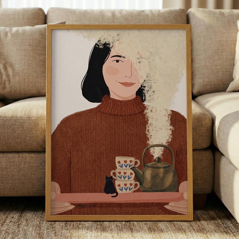 TNESSENTIAL Cozy Cat and Tea Print – Hygge Wall Art, Mid Century Woman Poster, Fall Aesthetic Decor, Black Cat Kitchen Art, Warm Autumn Print - Image 1