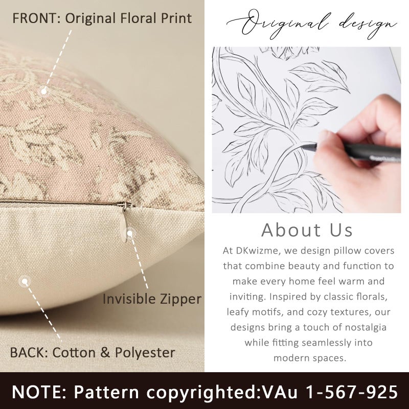 DKwizme Vintage Floral Print Throw Pillow Covers 18x18 Set of 2 Neutral Modern Farmhouse Pillowcases Accent Decorative Cushion Covers Boho Home Decor for Couch Sofa Chair Bed Living Room, Champagne Pink - Image 3