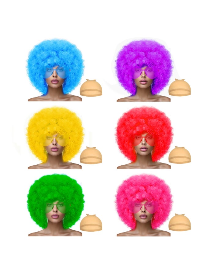 LIULIUBTY Short Bob Colored Wigs with Bangs6 Pcs Fruit Beach Series Set Cosplay Wig with Rimless Heart Shape Sunglasses Hairpieces for Neon Halloween Costume Wig Bachelorette Party Decorations 6 Pack Afro - Image 2