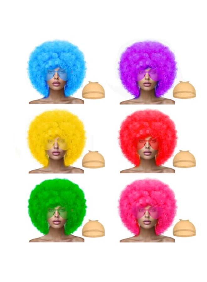 LIULIUBTY Short Bob Colored Wigs with Bangs6 Pcs Fruit Beach Series Set Cosplay Wig with Rimless Heart Shape Sunglasses Hairpieces for Neon Halloween Costume Wig Bachelorette Party Decorations 6 Pack Afro - Image 1