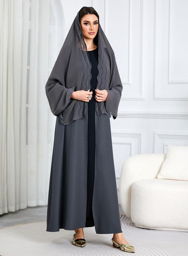 Take Two Women Solid Open Front Abaya with Headscarf - Image 3