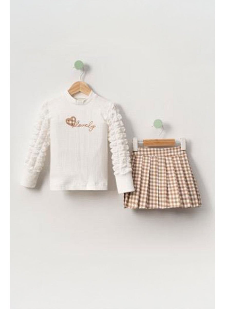 Miniğimin Cicileri - My Little Ones Lovely Embroidered Blouse and Plaid Pleated Skirt Girl's Set - Brown - Image 1