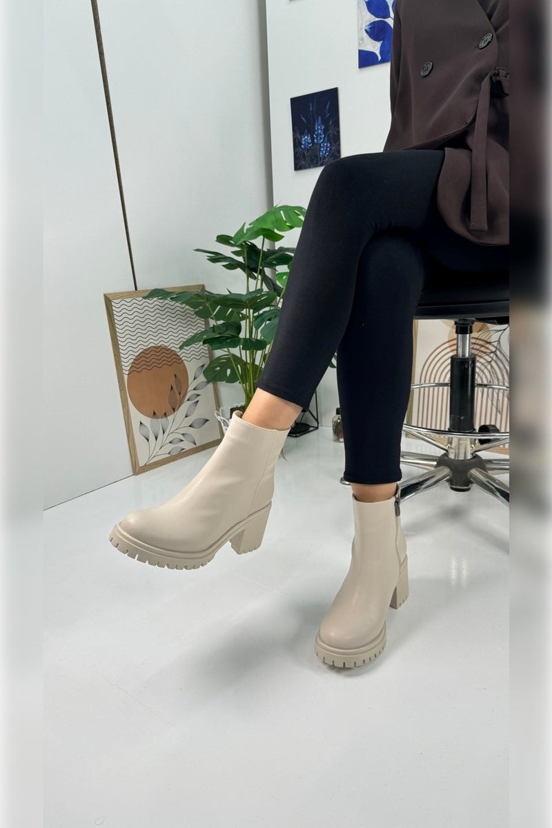 Nstil Casual Women's Boots Zipper Thick High Heels Tractor Sole Fur Lined Bootie 2401 