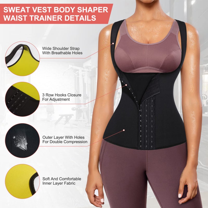 TrainingGirl Sweat Waist Trainer Girdle Workout Sauna Tank Top Vest for Women Weight Loss Exercise, Double Tummy Slimmer (Black, M) - Image 2