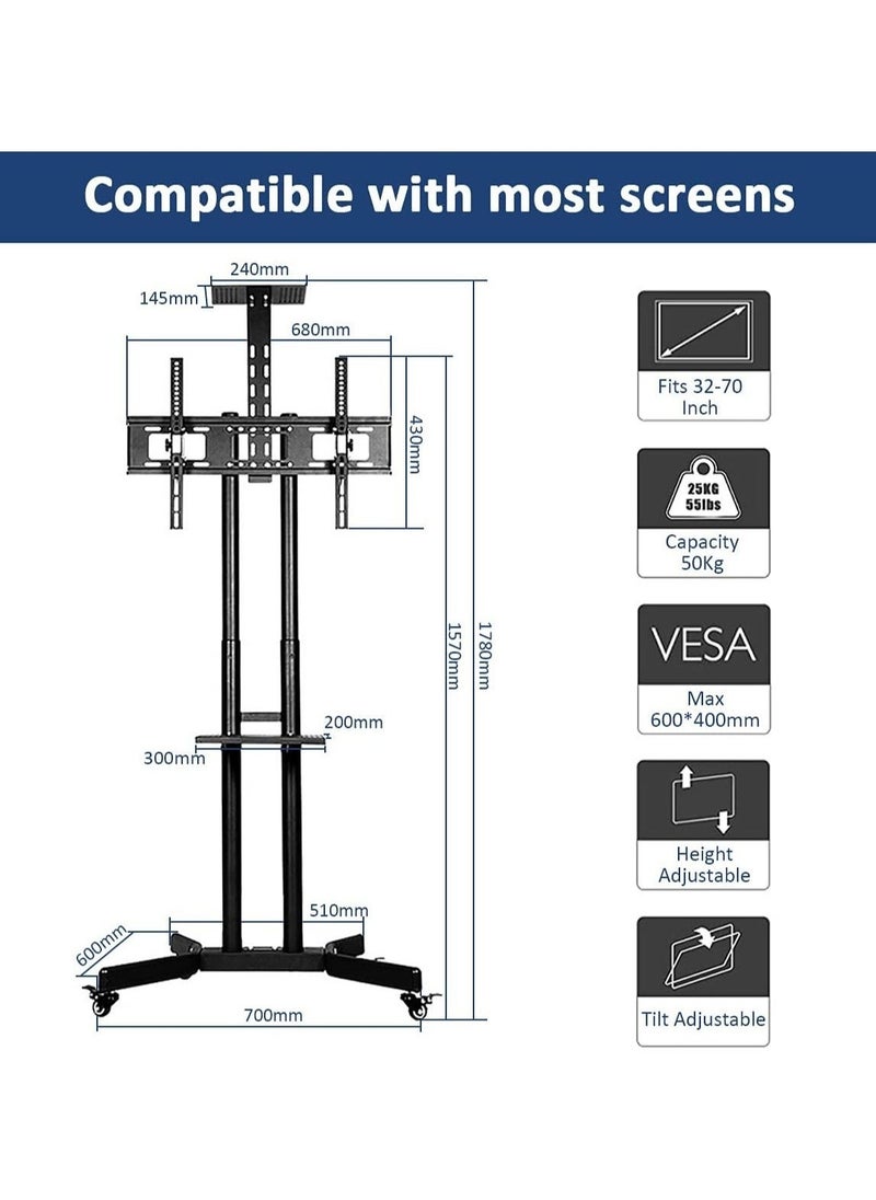ELTRAZONE Mobile TV Stand Rolling TV Cart,Floor TV Stand Trolley for 32” to 70” LCD LED Flat Curved Screen Tilt Height Adjustable TV Stand Mounted with Wheels 2 Media Shelves Cable Management  - Image 4