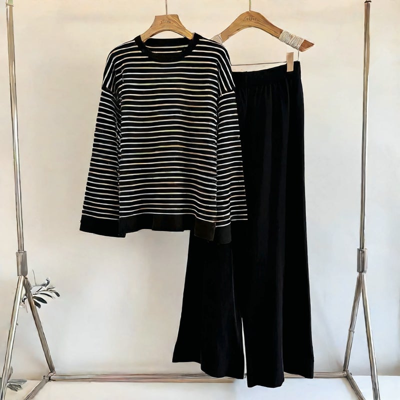 Casual Two-Piece Set Women Striped Top Loose Pants Autumn Winter Fashion Outfit - Image 3