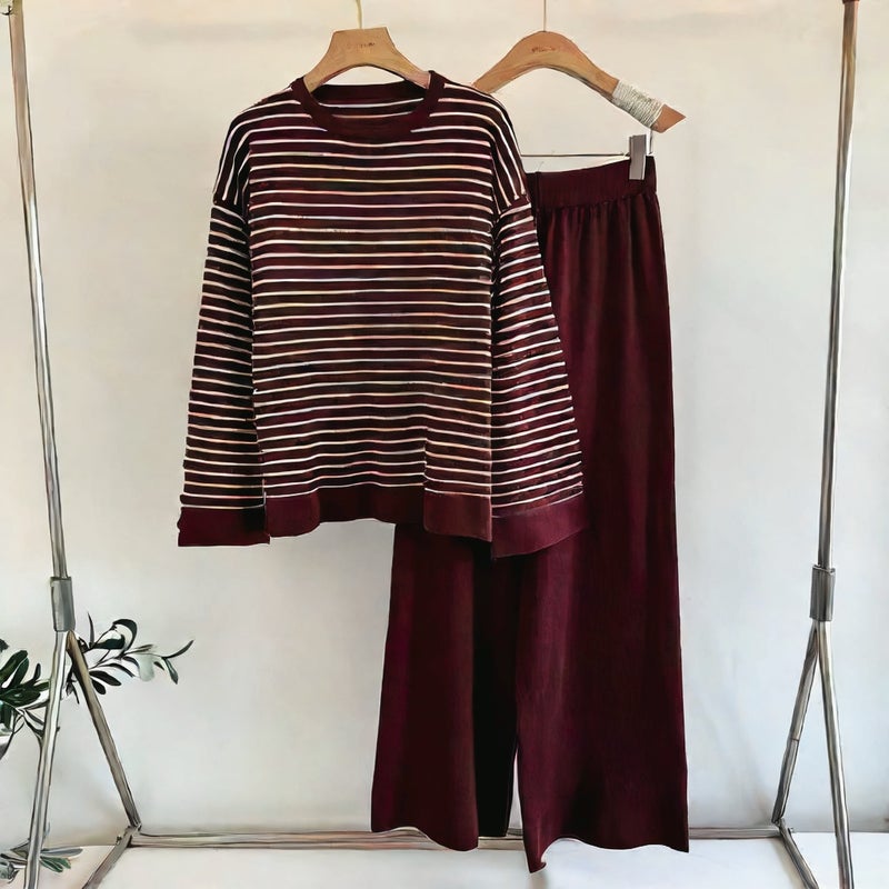 Casual Two-Piece Set Women Striped Top Loose Pants Autumn Winter Fashion Outfit - Image 4