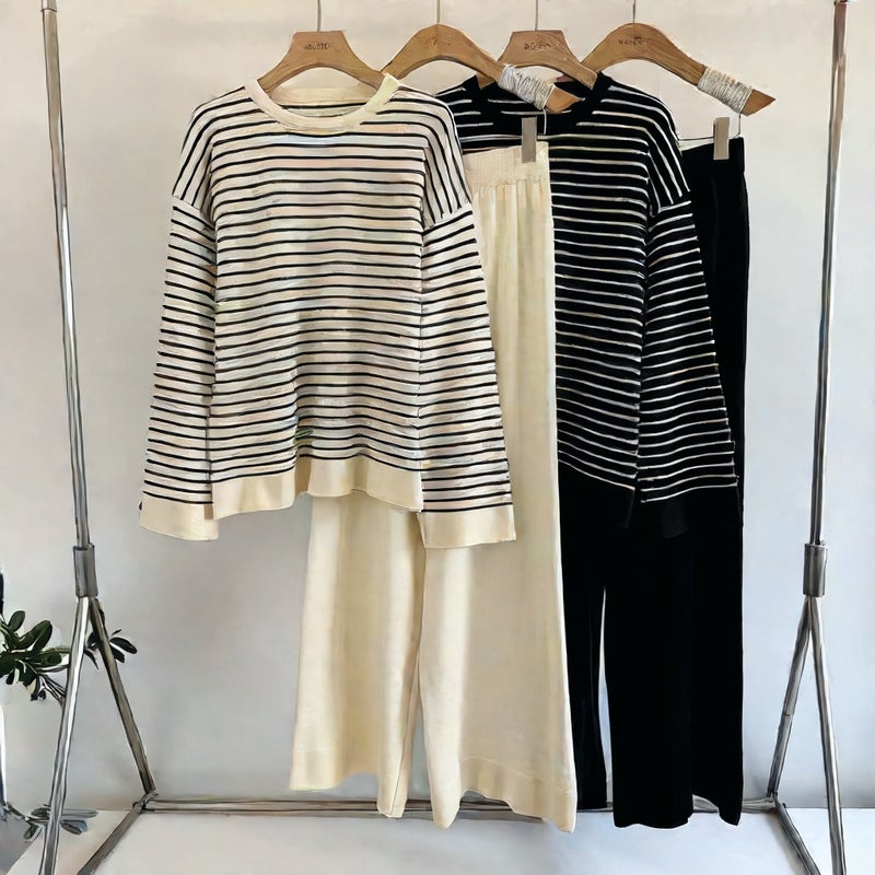 Casual Two-Piece Set Women Striped Top Loose Pants Autumn Winter Fashion Outfit - Image 2