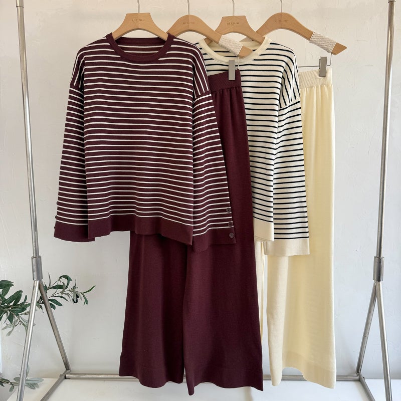 Casual Two-Piece Set Women Striped Top Loose Pants Autumn Winter Fashion Outfit - Image 1