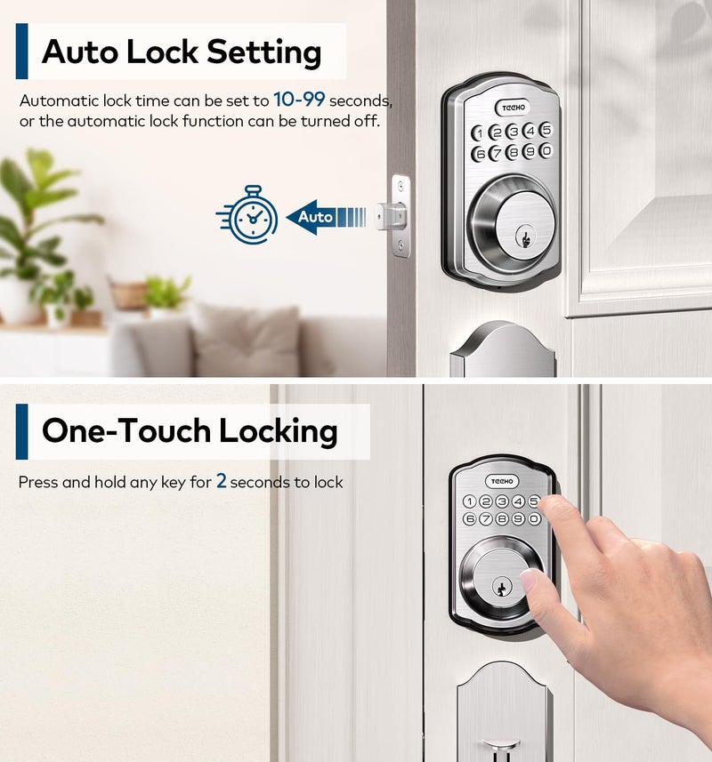 TEEHO TK001H Keyless Entry Door Lock with Handle Set, Electronic Deadbolt Keypad Door Lock with Code, Smart Locks for Front Door, Exterior Door Handle, Auto-Lock, Easy to Install, Satin Nickel - Image 3