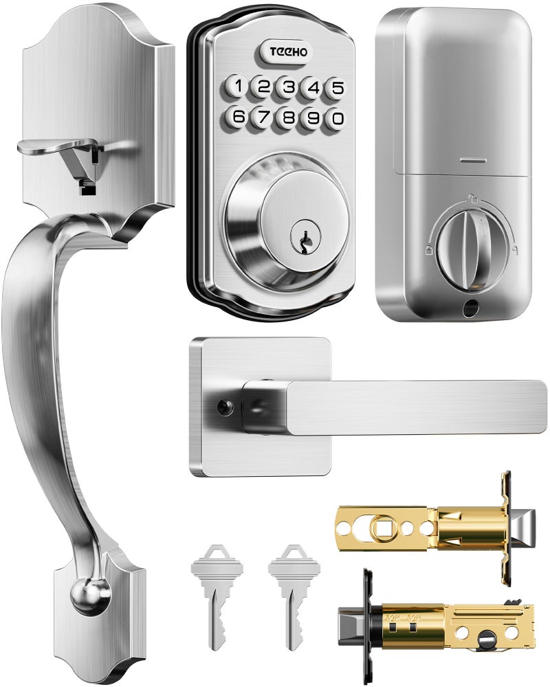 TEEHO TK001H Keyless Entry Door Lock with Handle Set, Electronic Deadbolt Keypad Door Lock with Code, Smart Locks for Front Door, Exterior Door Handle, Auto-Lock, Easy to Install, Satin Nickel - Image 1