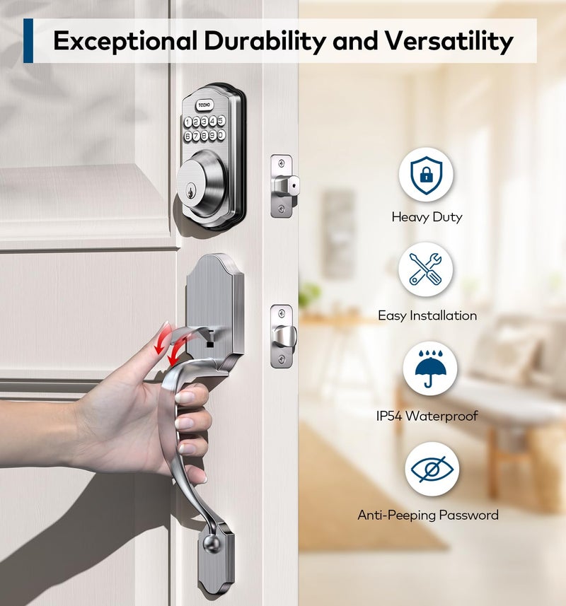 TEEHO TK001H Keyless Entry Door Lock with Handle Set, Electronic Deadbolt Keypad Door Lock with Code, Smart Locks for Front Door, Exterior Door Handle, Auto-Lock, Easy to Install, Satin Nickel - Image 5