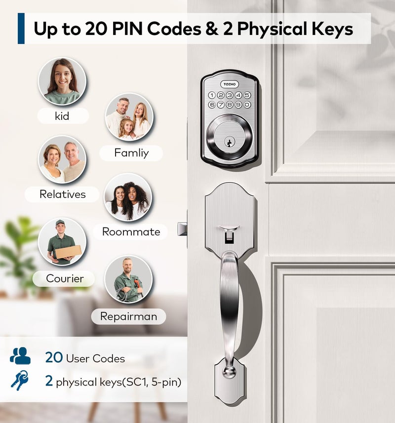 TEEHO TK001H Keyless Entry Door Lock with Handle Set, Electronic Deadbolt Keypad Door Lock with Code, Smart Locks for Front Door, Exterior Door Handle, Auto-Lock, Easy to Install, Satin Nickel - Image 2
