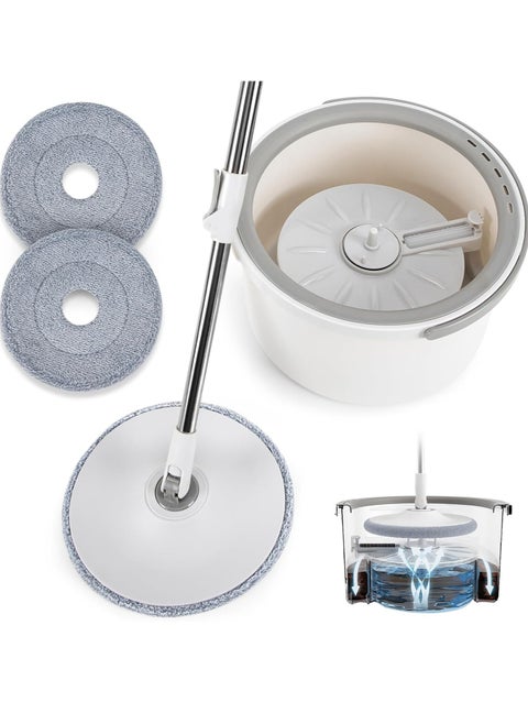 Spin Mop Bucket Set 360° Flat Mop with with Self Separation Dirty and Clean Water System 2Pcs Microfiber Pad Extended Handle for All Types of Floor Cleaning