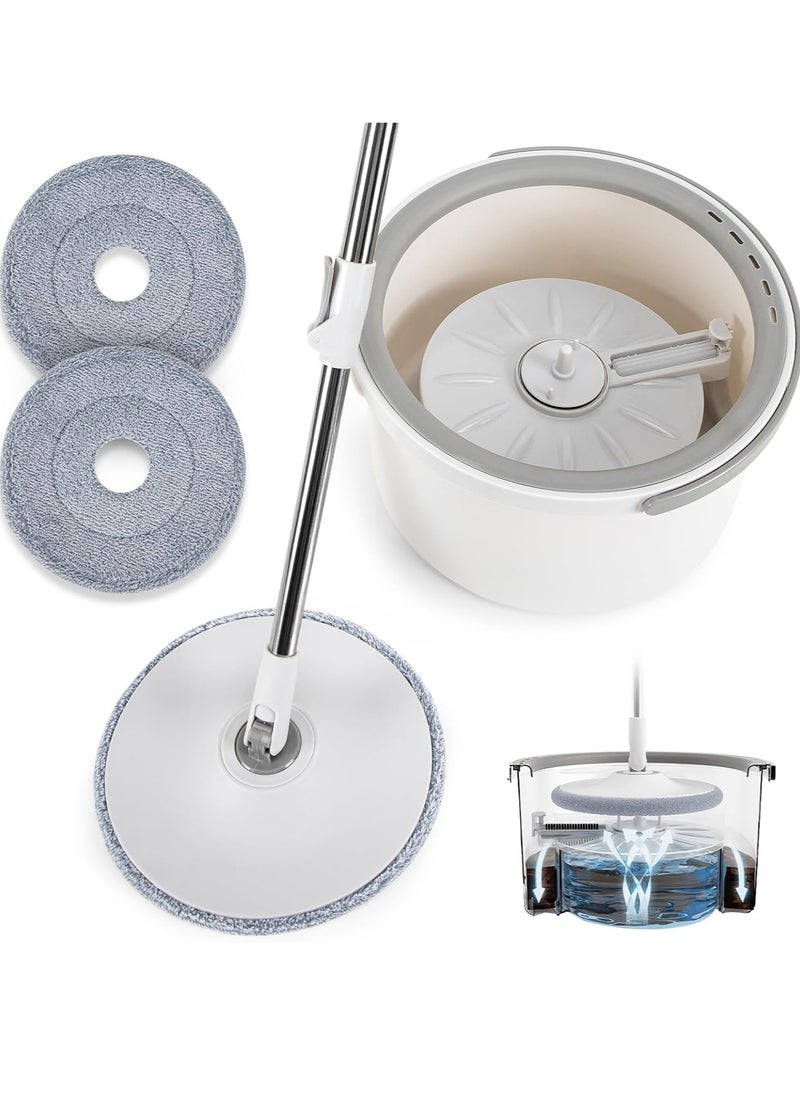 Spin Mop Bucket Set 360° Flat Mop with with Self Separation Dirty and Clean Water System 2Pcs Microfiber Pad Extended Handle for All Types of Floor Cleaning