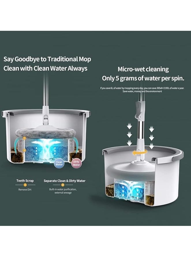 Spin Mop Bucket Set 360° Flat Mop with with Self Separation Dirty and Clean Water System 2Pcs Microfiber Pad Extended Handle for All Types of Floor Cleaning