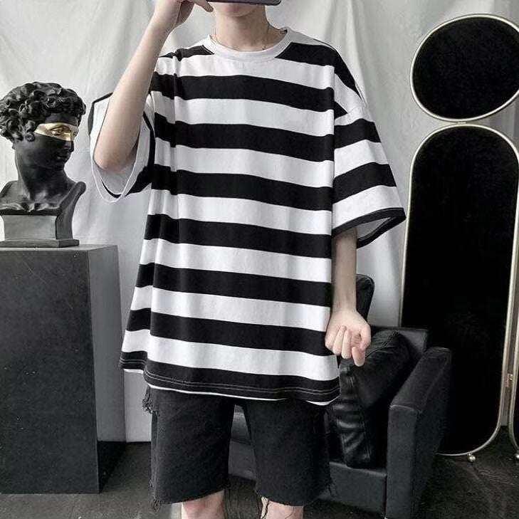 Summer Striped T-Shirt Men'S All-Match Korean-Style Fashionable Handsome Students Hong Kong-Style Loose Trendy Round Neck Five-Point Short-Sleeve Top - Image 3