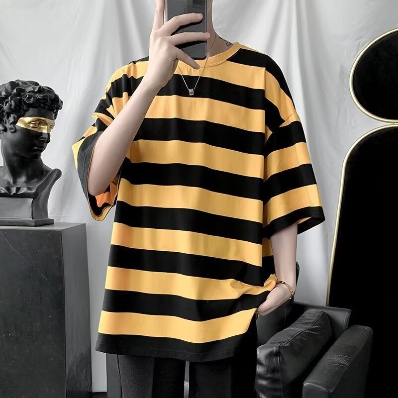 Summer Striped T-Shirt Men'S All-Match Korean-Style Fashionable Handsome Students Hong Kong-Style Loose Trendy Round Neck Five-Point Short-Sleeve Top - Image 1