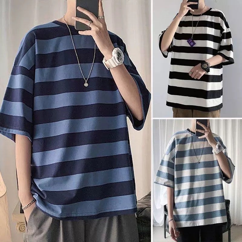 Summer Striped T-Shirt Men'S All-Match Korean-Style Fashionable Handsome Students Hong Kong-Style Loose Trendy Round Neck Five-Point Short-Sleeve Top - Image 2