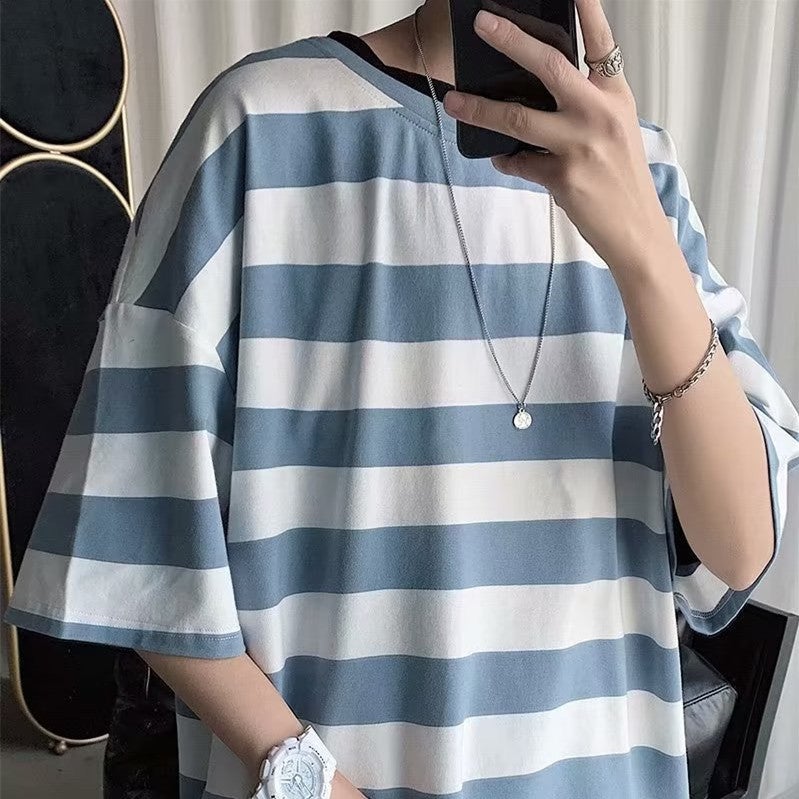 Summer Striped T-Shirt Men'S All-Match Korean-Style Fashionable Handsome Students Hong Kong-Style Loose Trendy Round Neck Five-Point Short-Sleeve Top - Image 5