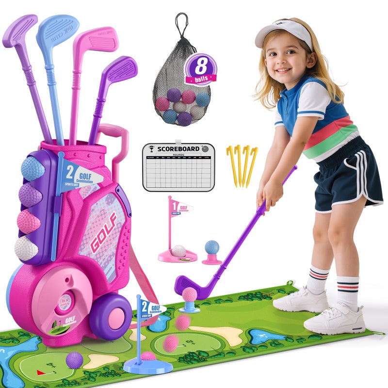 HYES Toddler Golf Set 24 Years Kids Golf Club with 8 Balls 4 Plastic Clubs Putting Mat Scoreboard Storage Bag Indoor Outdoor Game with Golf Cart Sport Toy Gift for Baby Boys Girls Age 35 Pink - Image 3