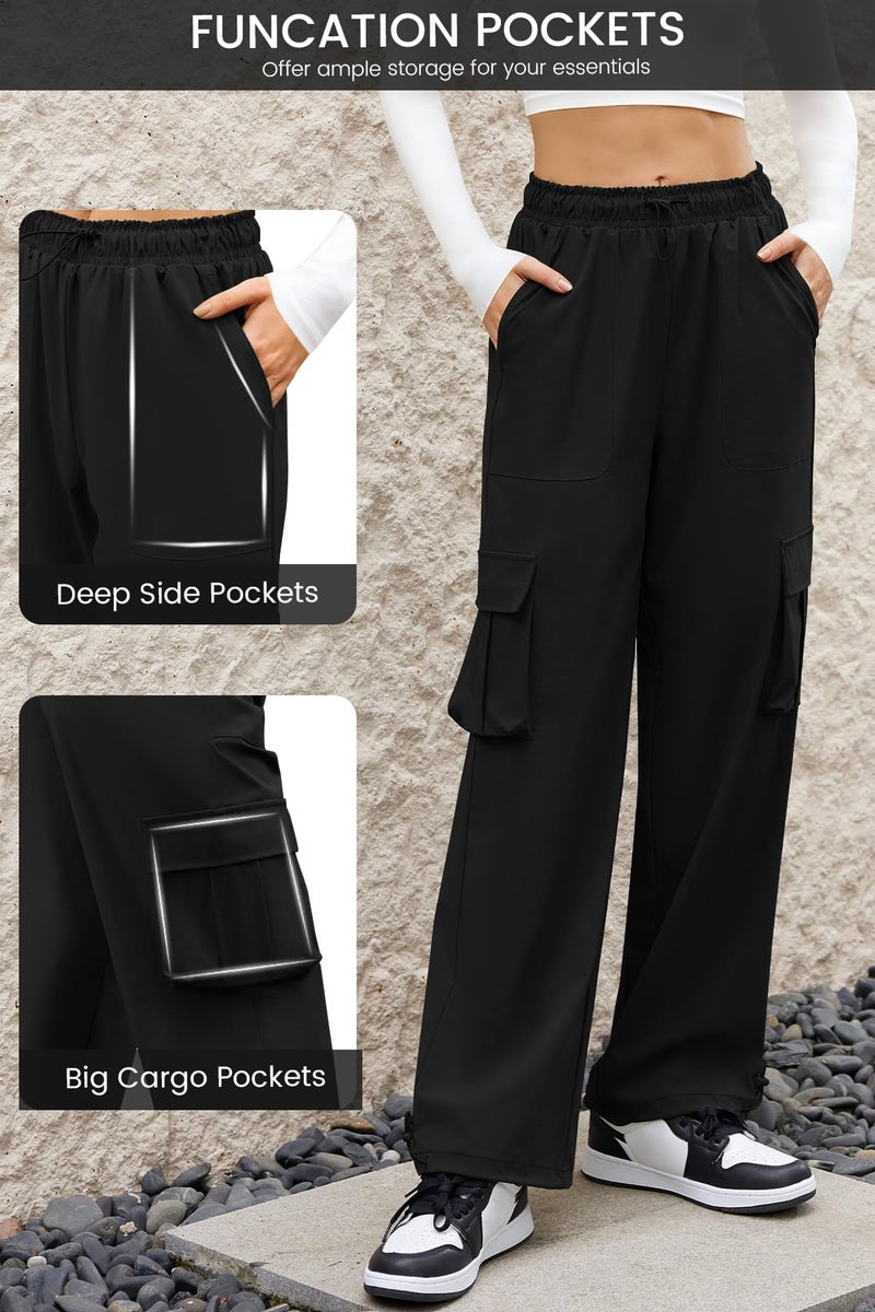 DLOODA Cargo Pants Women Quick Dry Parachute Hiking Pants with Pockets Elastic Waist Lightweight Water Resistant Joggers Black M - Image 4