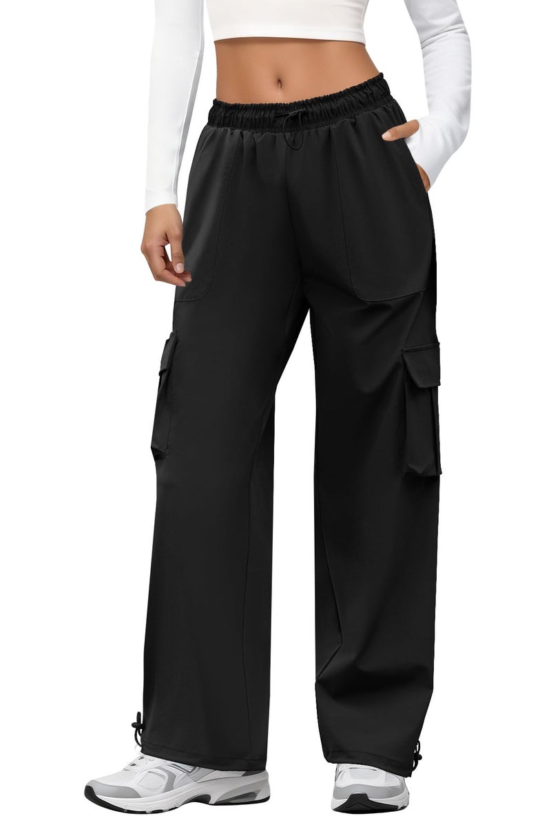 DLOODA Cargo Pants Women Quick Dry Parachute Hiking Pants with Pockets Elastic Waist Lightweight Water Resistant Joggers Black M - Image 1
